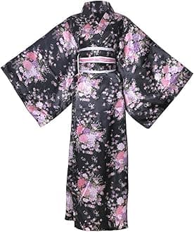 HUAHUAKimono Costume Floral Print Geisha Long Robe Japanese Bathrobe Sleepwear Belt with Bow Outfit