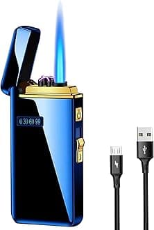 Arc Jet Flame Torch 2 in 1 USB Rechargeable Lighter with Battery Indicator, Windproof, Refillable Butane, Cycle Charge Plasma (Ice Blue)