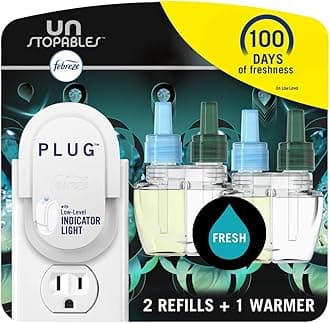 Plug In Air Freshener, Odor-Fighting Scented Oil Starter Kit, Air Fresheners for Home and Bathroom and Kitchen, Long Lasting for Strong Odors, UnStopables Fresh Scent, Warmer + 2 Refill