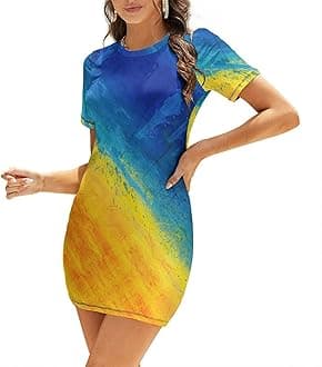 Fattyeery Womens Summer Casual Loose Dress Ukraine Flag Long Dress Short Sleeve for Girls Fashion Skirts S