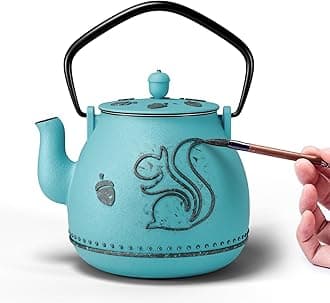 Toptier Teapot with Removable Infuser, Cast Iron Tea Kettle Stovetop Safe, Squirrel Design Tea Pot Coated with Enameled Interior for 32 Ounce (950 ml), Blue