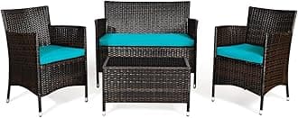 4-Piece Rattan Patio Set, Outdoor/Indoor Wicker Conversation Set for Pool, Backyard, Lawn, Wicker Chairs and Sofa with Soft Cushion, Rattan Furniture with Tempered Glass Coffee Table
