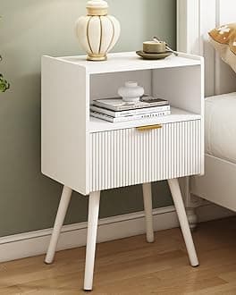 White Nightstand,Modern Bedside Table with Storage Drawer and Open Wood Shelf, for Living Room, Bedroom and Small Spaces, Accent Night Stand with Solid Wood Legs, Easy Assembly,Classic White