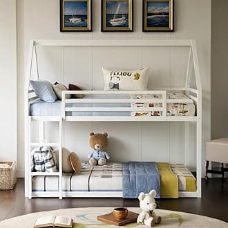 Twin Over Twin/House Bunkbeds for Kids, Teen,Roof Design Bunk Bed Frame with Ladder and Guardrail, Easy to Assemble & No Box Spring Needed, White