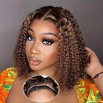 Ombre Highlight Glueless Wigs Human Hair Pre Plucked Pre Cut Deep Wave Bob Wig Human Hair 4/27 Lace Front Wigs for Beginners Upgraded No Glue 4x4 Lace Closure Glueless Wigs for Black Women 12 Inch