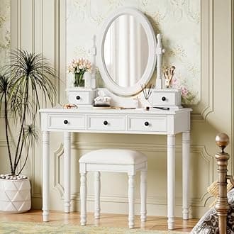 Merax 38" Vintage Vanity Set with Oval Mirror - Adjustable Makeup Desk with 5 Drawers & Matching Stool, 180° Tilt Mirror, Classic Carved Design for Bedroom/Dressing Room, White