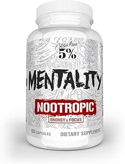Rich Piana 5% Nutrition Mentality Nootropic Blend | Brain Booster Supplement for Performance, Memory, Mental Clarity | Ginseng, Ginkgo, L-Theanine, Choline, Huperzine, 60 Capsules (30 Day Supply)