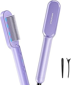 wavytalk Ionic Hair Straightener Brush, Hair Straightening Comb with Negative Ions, Anti-Scald Ceramic Flat Iron Comb Fast Heating for Home Salon, Dual Voltage, Purple.