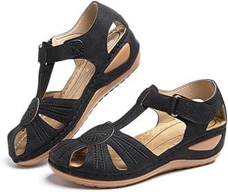 Hitmars Women Sandals Wedge Comfortable Ladies Strap Platform Vintage Closed Toe Soft Wide Fit Summer Sandal Slip on Black Brown Blue 3-9 UK