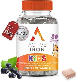 – Active Iron Supplement 7 mg + Vitamin D for Kids – Increases Iron & Energy Levels – Gentle, Non-Constipating Blackcurrant Chews – Highly Absorbed – Supports Growth & Immune Health – 30 Chews