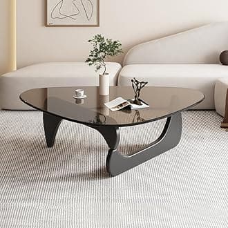 Triangle Coffee Table Modern Noguchi End Table, Solid Wood Base and 8mm Thick Tempered Glass Top Accent for Living Room Office Hotel Patio (Walnut Legs + Gray Glass, 50 * 36 * 16)
