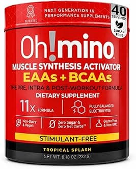 Oh!mino BCAAs + EAAs, All 9 Essential Amino Acids for Muscle Growth & Recovery, Tropical Flavor, Stimulant-Free, Sugar-Free Pre/Intra Post Workout Supplement, Non-GMO