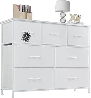 DUMOS Dresser for Bedroom with 7 Fabric Drawers, Chest Organizer Units for Clothing, Closet, Bedroom, Storage Tower with Cabinet, Metal Frame, Wooden Top, Lightweight Nursery Furniture, White
