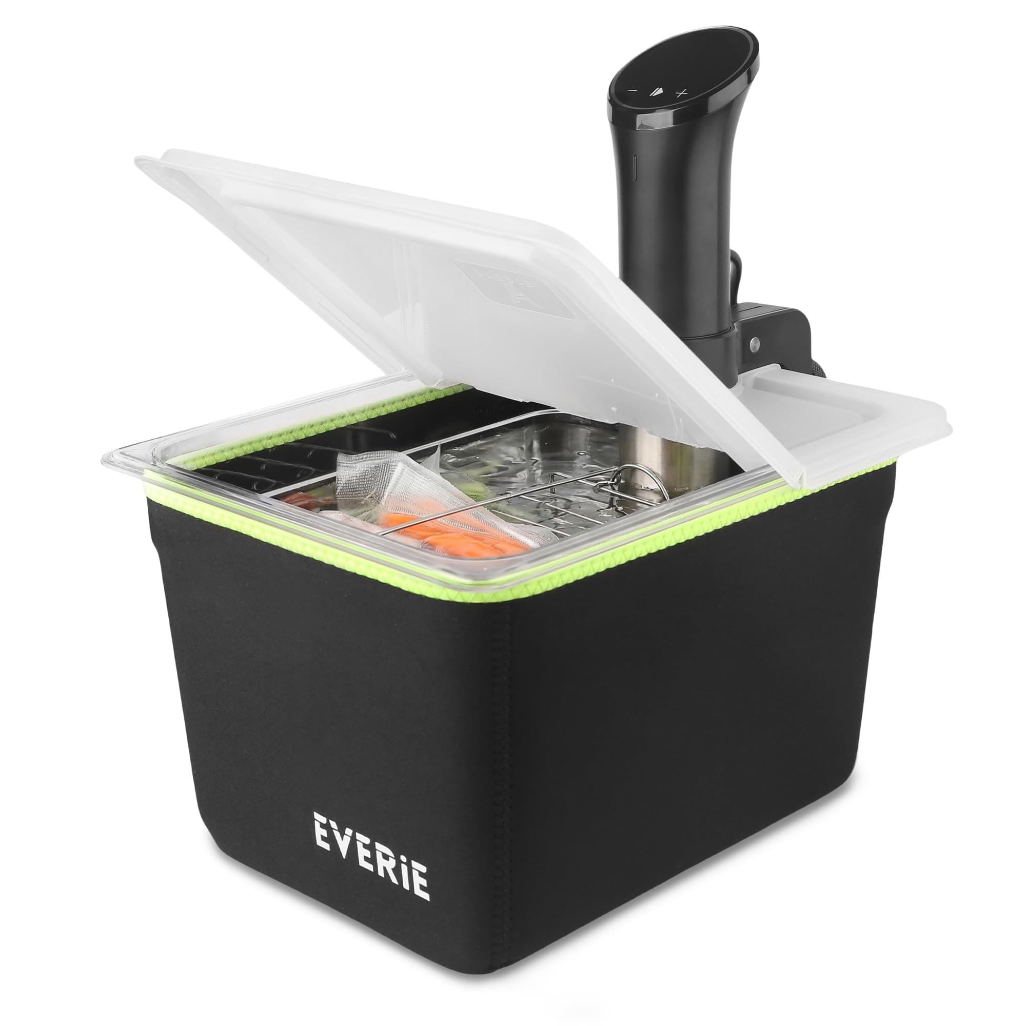 12 Quart Sous Vide Container with Collapsible Hinged Lid + Wobble-Free Stainless Steel Rack Divider + Insulating Neoprene Sleeve — NSF Approved Container, BPA-Free Lid, Fits Anova & Instant Pot