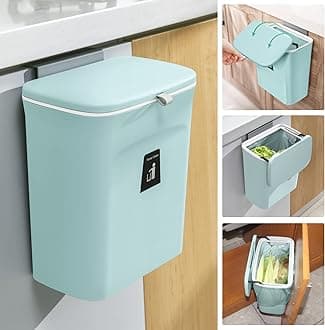 Tiyafuro Compost Bin for Kitchen or Under Sink, Hanging Small Trash Can with Lid for Cabinet/Bathroom/Bedroom/Office/Camping, Mountable Compost Bin for Indoor Use, Blue