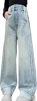 LittleXinKids Girls' Fashion Elastic Waist Wide Leg Baggy Denim Pants Straight Washed Loose Jeans Age 5-14 Years