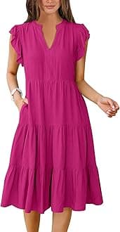 Womens Summer Dress Ruffle Sleeve V Neck Midi Dresses Fashion Casual Fit Flowy Tiered Boho Beach Vacation Sundress