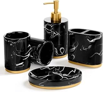 Haturi Bathroom Accessories Set, 5 Piece Resin Bathroom Sink Set, Toothbrush Holder, Liquid Soap Dispenser, Soap Dish, 2 Tumblers Black