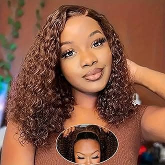 Chocolate Brown Glueless Bob Wig Wear and Go Deep Wave Wig 4x4 Pre Cut Ready to Wear Bob Wig 180% Density Curly Human Hair Wig Pre Plucked Beginner Friendly (Glueless Wigs, 12inch)