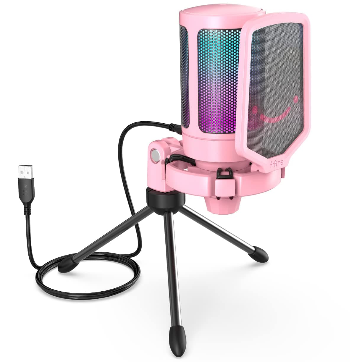 USB Gaming PC Microphone for Streaming Podcasts, AmpliGame RGB Computer Condenser Desktop Mic, Cardioid Pattern for YouTube Video, Plug and Play on PS4 PS5, with Quick Mute, Mic Gain-A6V Pink