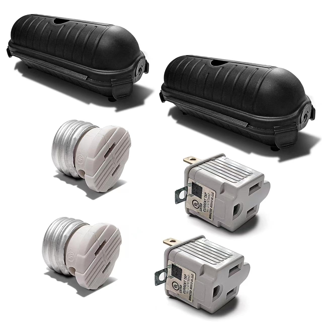 UL Listed Light Socket to Plug Screw-in Adapter w. Safety Seal Polarized 2 Prong to 3 Prong Outlet Adapter Grounding Plug Converter + Waterproof Outdoor Extension Cord Plug Cover (2 Sets)