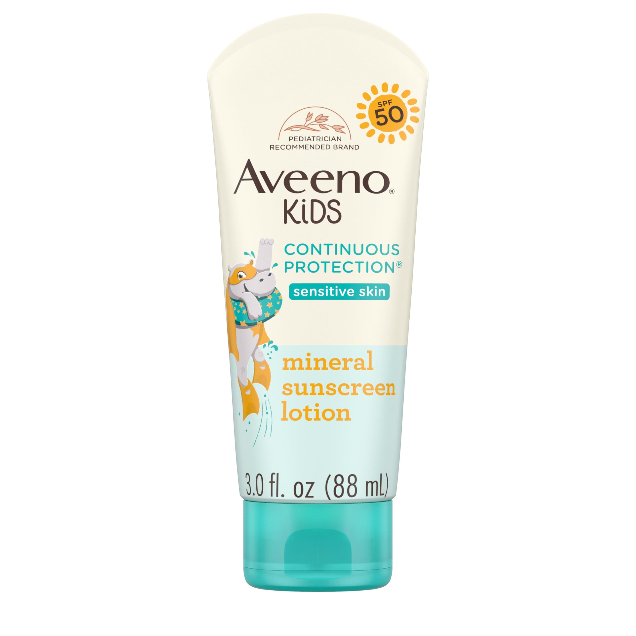 Kids Continuous Protection Zinc Oxide Mineral Sunscreen Lotion for Children's Sensitive Skin with Broad Spectrum SPF 50, Tear-Free, Sweat- & Water-Resistant, Non-Greasy, 3 fl. oz