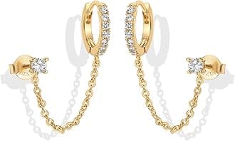 PAVOI 14K Gold Chain Earrings for Women | Double Piercing Dangle Chain Huggie Hoop Earrings | Cubic Zirconia Pearl Stud Earrings for Women