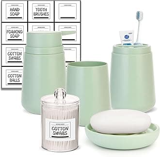IMAVO Green Bathroom Set,5 Piece Bathroom Gift Set,Toothbrush Holder,Toothbrush Cup,Soap Dispenser,Soap Dish and Q-tip Holder,Green