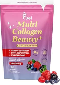 Multi Collagen Peptides Powder – 11g Hydrolyzed Collagen Types I, II, III, V & X – Hair, Skin, Nails & Joint Support – Keto & Gluten Free – Mixed Berry – 40 Servings (9.59oz)