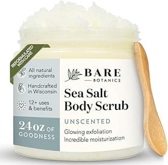 Unscented Body Scrub 24oz | Made in Madison, WI | All Natural Body Scrub w/Skin Loving Moisturizers | Vegan & Cruelty Free Sea Salt Exfoliator w/a Cute Wooden Spoon
