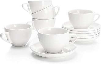 Sweese 4306 Porcelain Cappuccino Cups with Saucers - 6 Ounce for Specialty Coffee Drinks, Latte, Cafe Mocha and Tea - Set of 6, White