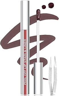 Lip Stain Peel Off Lip Liner Stain with Tweezer, Long Lasting Matte Lip Tint Tattoo, Highly Pigmented Color Lip Makeup, Waterproof Lipstick, Transfer-proof Lipstain for Women, Brown