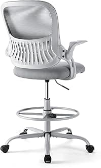 Sweetcrispy Tall Drafting Desk Chair - Ergonomic High Stool Computer with Adjustable Height and Comfy Lumbar Support, Office Rolling Counter with Flip-up Arm and Footrest, Grey