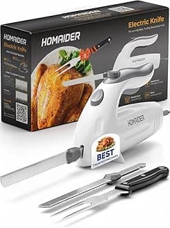 Electric Knife for Meat Slicing, Turkey, Carving Meat, Bread & More | Ergonomic Handle + 2 Carving Reciprocating Stainless Steel Blades and Serving Fork Included, 6 Foot Cord
