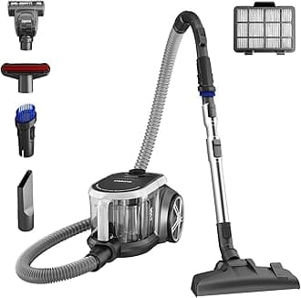 Bagless Canister Vacuum Cleaner, Lightweight Vac for Carpets and Hard Floors, Silver with Black, NEN180