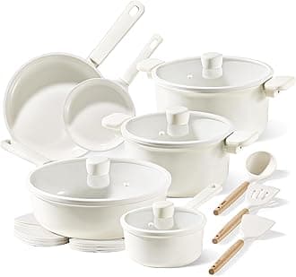 CAROTE 18Pcs Nonstick Ceramic Cookware Set, PFAS/PFOA Free, Cream White Pots and Pans Set Non Stick, Non-toxic Cookware,Kitchen Cooking Pan Set, Large CapacityRecycled Claim Standard Blended