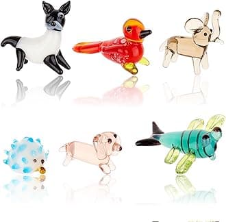 AHANDMAKER 6 Pcs Animals Figurines, 6 Styles Glass Animal Figurines for Table Home Decoration, Dragonfly Bird Hedgehog Dog Elephant Palm Civet Glass Display Miniature for Anniversary Birthday Gift