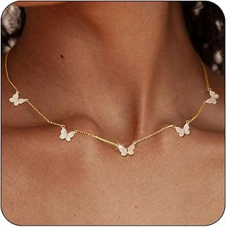 Dainty Silver Gold Necklaces for Women Trendy Non Tarnish 14K Gold Plated Cubic Zirconia Necklace Layered Cute Butterfly Heart Station Choker Necklace Stack for Wedding Prom Brides Jewelry