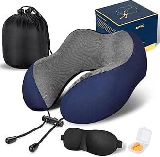 MLVOC Neck Pillow for Traveling, Upgraded 100% Pure Memory Foam Travel Neck Pillow for Airplane Flight Sleep, Breathable & Machine Washable Cover, Travel Kit with 3D Eye Mask, Earplugs & Bag, Blue
