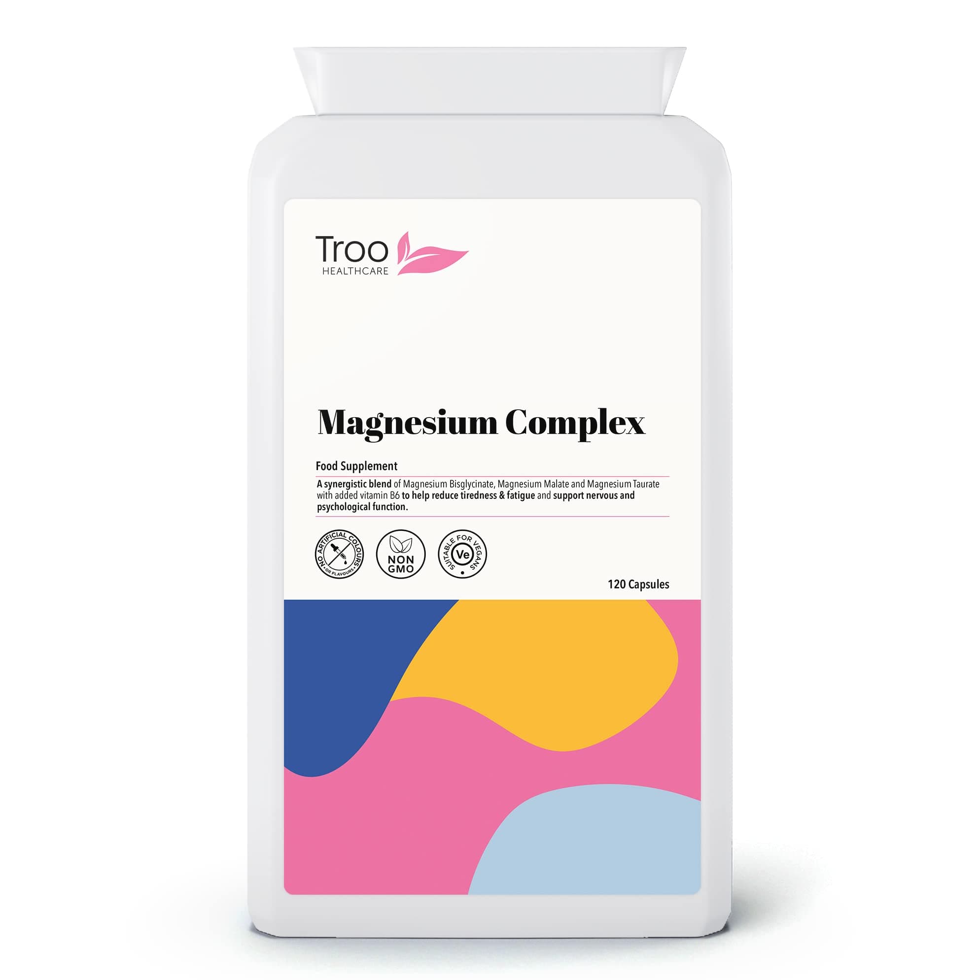 Troo Health Care Magnesium Complex 120 Capsules - Supplement for Men & Women 375mg Elemental Magnesium Per Serving with Bisglycinate, Taurate, Malate & Vitamin B6 – No GMOs - Suitable for Vegans