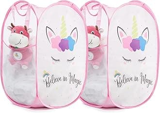 Collapsible Mesh Pop Up Laundry Hamper with Sturdy Handles and Side Pocket - Portable Foldable Clothes Baskets for Dorm, Bathroom & Travel Storage (Unicorn, 2 Packs)