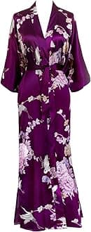 OLDSHANGHAIWomen's Satin Kimono Robe Long - Floral, Chrysanthemum & Crane - Plum, One size