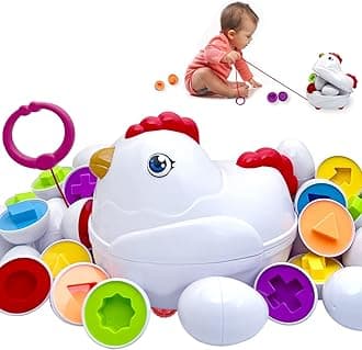 Easter Matching Eggs Toddler Toy with Push & Pull Chicken Box, 12 Pcs Montessori Sorter Learning Educational Toy, Multiple Shapes and Colors Fine Motor Skills Sensory Toy, Gift for Boys Girls