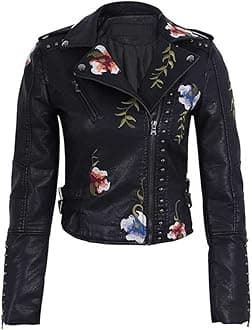 YILANUOYIWomen's Embroidered Studded Faux Leather Jacket Moto Punk Jacket Floral Coat