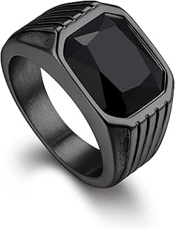 Bandmax Gemstone Signet Rings for Men, Stainless Steel Fancy Cut Cubic Zirconia Rings Blue Topaz/Emerald/Black Onyx/Ruby Ring Statement Ring Wedding Ring Size 7-14