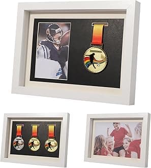 IHEIPYE Medal Display Shadow Box Picture Frame - 3 Medals Display Case - 3 in 1 Multifunctional Sport Medal Display Frame Perfect for Marathon Runner, Military Awards, Triathlons, White A4
