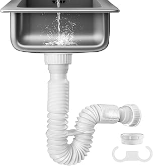 iFealClear 1-1/2" P-Trap Pipe, Flexible Sink Drain Pipe with 4 Rubber Sealing Rings, Expandable Drain Tube 11"-34.5" P Trap Tubing for Kitchen, Bathroom, Garbage Disposal, Extra 1-1/4" Adapter, White