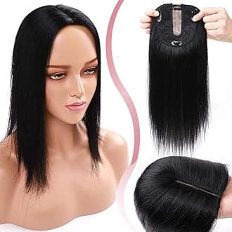 Elailite Clip in Hair Toppers Real Human Hair For Women uk Thinning Hair - Toupee Extensions MIDDLE SILK BASE (2.5 * 9cm) HairPiece (#01 Jet Black, 16 Inch)