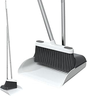 Stand Up Dustpan and Broom Set 50” Long Handle Broom with Dust Pan, 20° Angled for Ergonomic Home Office Indoor Sweeping