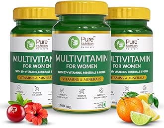 Pure Nutrition Multivitamin for Women (1500mg), 180 Veg Tabs (60x3), with Biotin, Iron, Alfa Alfa, Moringa, Ginseng, Fenugreek & Green Tea | Supports Immunity, Energy, Stamina, Bone & Overall Health